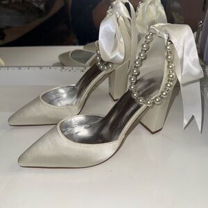 Elegant Cream Satin Heels with Pearl Ankle Strap